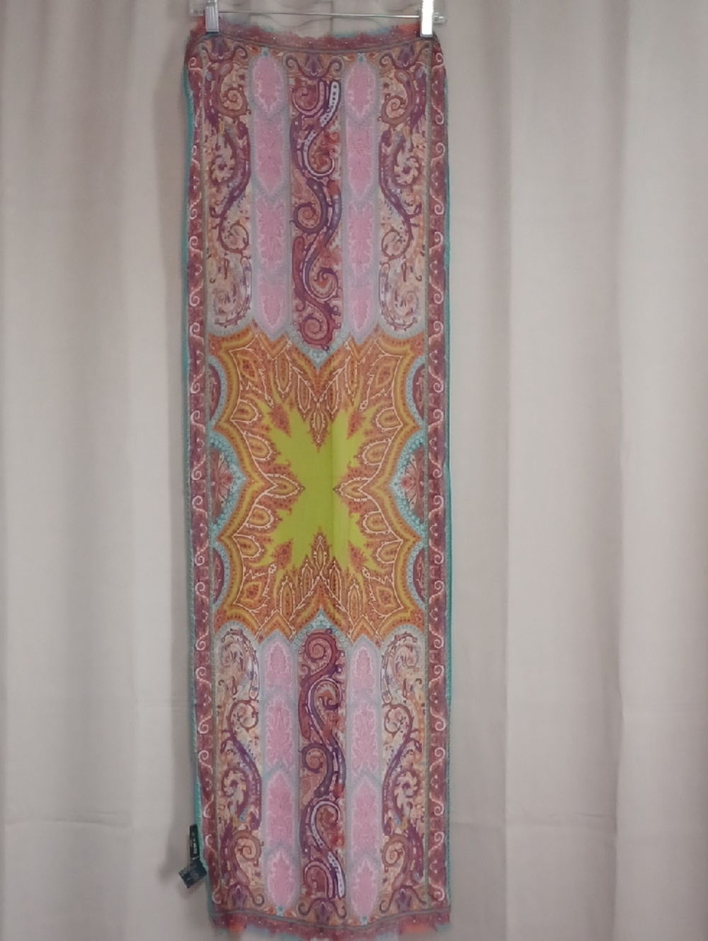 Etro Silk Ornate Paisley Scarf Shawl Wrap Fringe Italy Boho Luxe 50×15 Inches